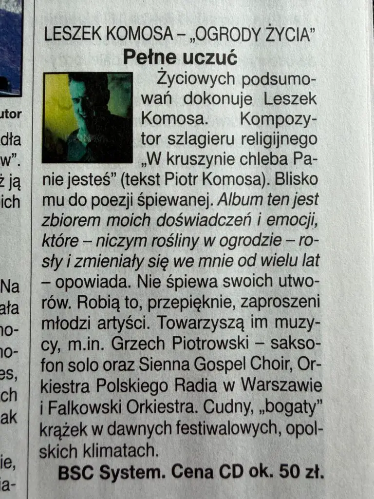 Leszek Komosa i płyta Ogrody Życia w Tygodniku Angora