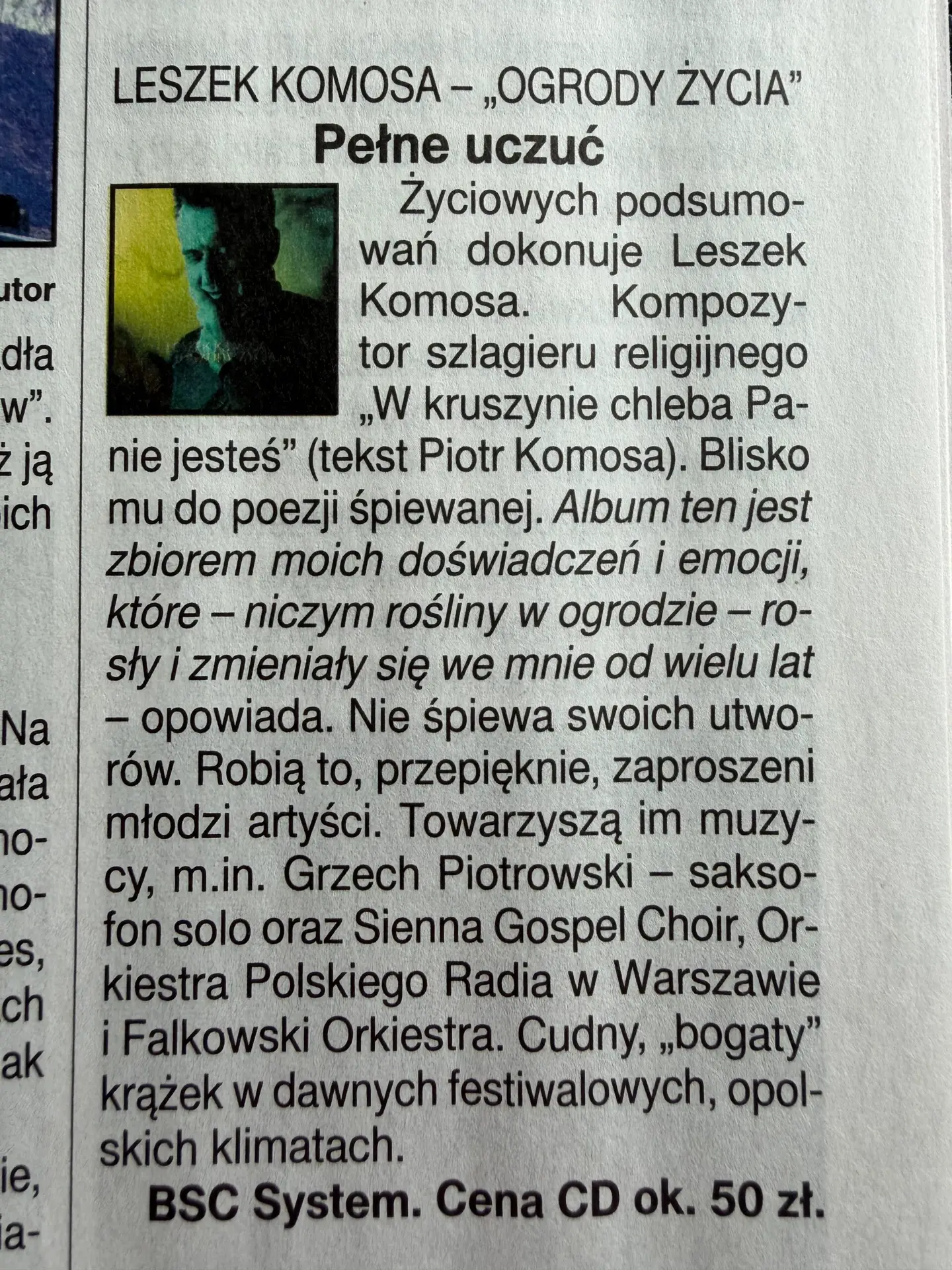 Leszek Komosa i płyta Ogrody Życia w Tygodniku Angora